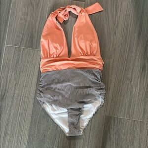 Peach and Black Striped Women’s One Piece Swimsuit